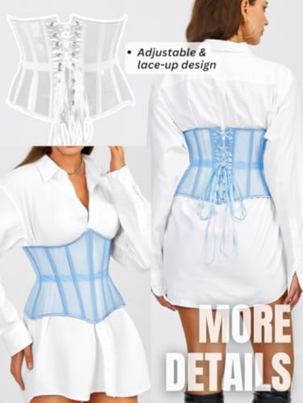 Stylish Underbust Corset Belt, Lace-Up Boned Waist Cincher, Perfect Shapewear - Picture 3 of 7